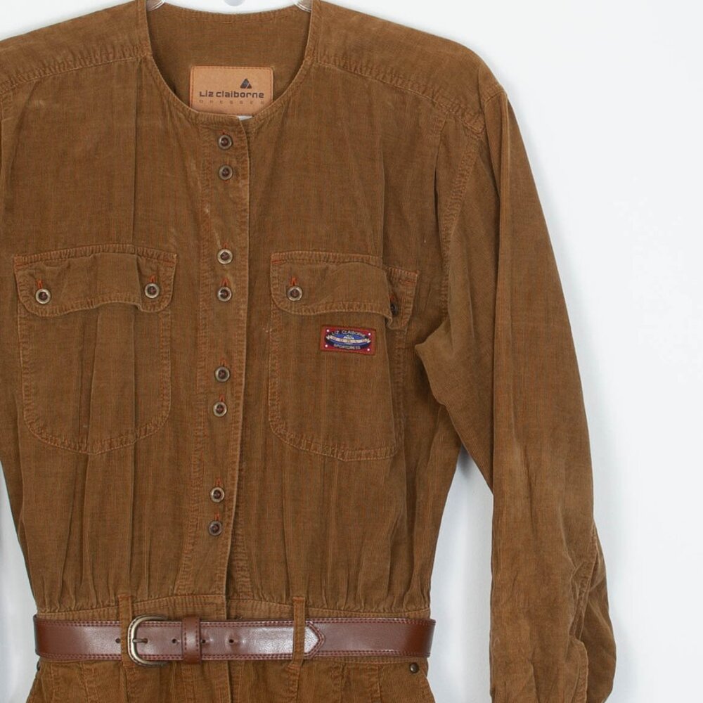 Vintage Liz Claiborne Womens Corduroy Button Front Dress Belt Size 8 Tan 80s - Picture 2 of 9